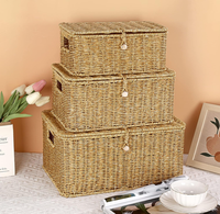 Panier de rangement en plastique tressé rectangulaire multi-usages, écologique, fait main, 3 pièces, avec couvercle et poignée, décoration d'intérieur, style nordique