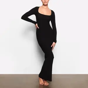 Kim style dress Ultra Long Fit Elastic Tight Square Neck Long Sleeve Sexy Dress