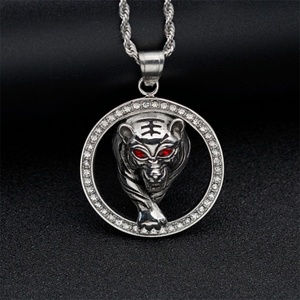 Hip Hop Stainless Steel Round Pendant Necklace Zircon tiger Pendant Necklace - Product Image 4