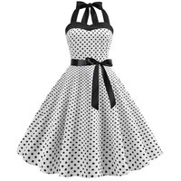 Ensemble de costume de robe à pois pour Halloween, tenue de fête rétro pour femmes, robe à bretelles avec lunettes œil de chat et écharpe pour Halloween