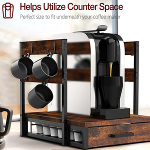 Wood And Iron Coffee Storage <b>Rack</b> 3 Tier With Drawer Cup Hanger Desktop Organizer Retro Brown Standing Type - Product Image 3