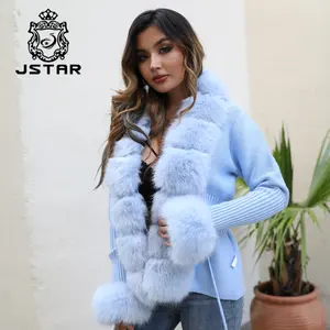 Blaue Pelzmantel Kleidung Strickjacke mit Kunst fuchs Pelz kragen Damenmode Mantel Pelz Strickjacke