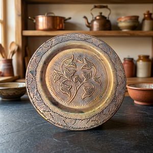 Assiette décorative ronde en métal faite à la main avec motif végétal gravé, design oriental, pour cadeaux - Product Image 5