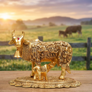 Figurine de vache et de veau en laiton plaqué or avec clochette et pierre rouge, décoration d'intérieur, art de la fonte, thème animalier - Product Image 4