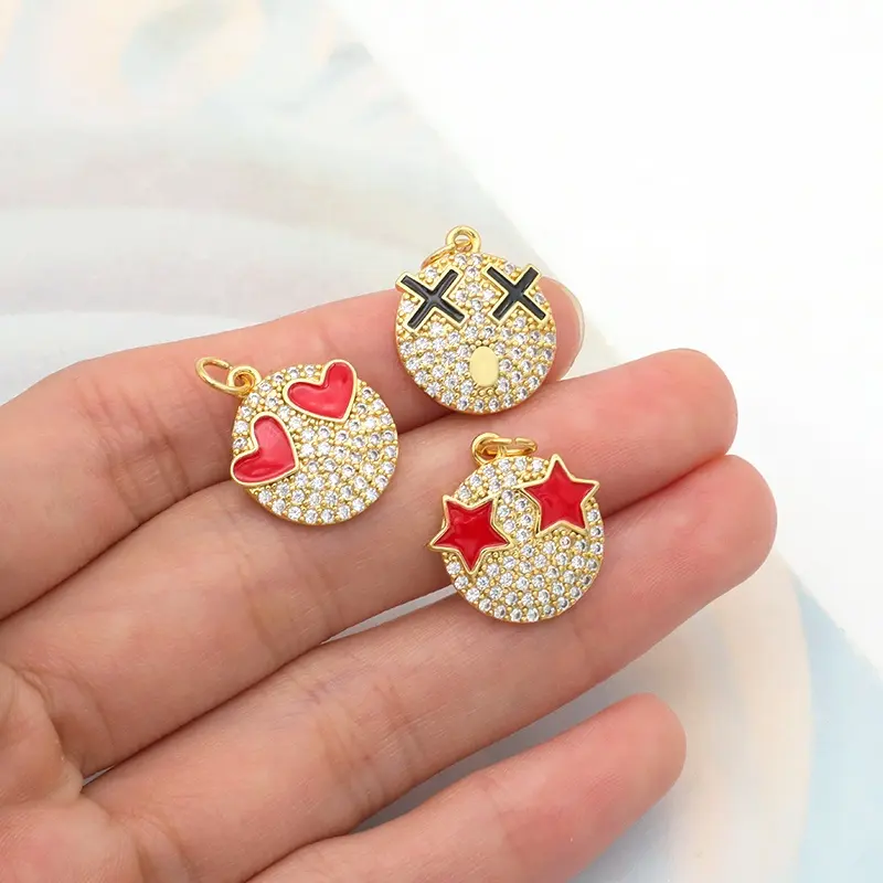 Custom Fashion Lovely Girls Gold Plated Bling Bling CZ Enamel Red Black Heart Star Eyes Round Pendants Charms For Necklace