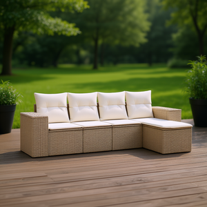 Conjunto de Sofá de Jardín de Ratán Beige de 4 Plazas, Muebles de Exterior Resistentes a la Intemperie, Diseño Contemporáneo - Product Image 2