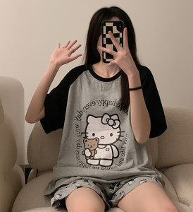 Conjunto <span class=keywords><strong>de</strong></span> <span class=keywords><strong>Pijama</strong></span> Corto Doble para Niñas <span class=keywords><strong>de</strong></span> Verano <span class=keywords><strong>Hello</strong></span> <span class=keywords><strong>Kitty</strong></span> Panda Almohada Pantalones Grises con Flores Cierre <span class=keywords><strong>de</strong></span> Cintura Elástica Ropa <span class=keywords><strong>de</strong></span> Dormir Hi-Lo - Product Image 6