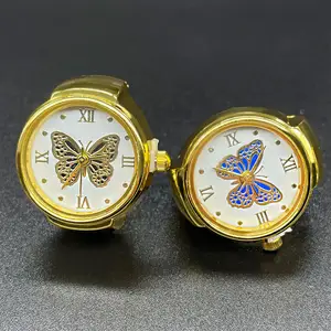 사용자 정의 로고 손가락 시계 반지 다이얼 석영 탄성 조정 가능한 시계 밴드 스틸 미니 나비 시계 반지 추가 배터리