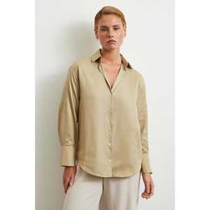 Camisa Minimalista Beige de Popelina para Mujer, Estilo Casual con Botones - Product Image 6