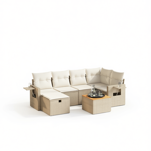 Conjunto de Sofá de Jardín de Ratán Beige de 7 Piezas con Fundas Extraíbles, Muebles de Exterior de Diseño Contemporáneo para Patio - Product Image 1