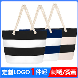 Women's Canvas Beach Bag With Rope Handle Zipper Closure Striped Patchwork Design Large Capacity For Travel Shopping - Product Image 5