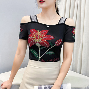 Nueva Blusa Elegante de Doble Capa <span class=keywords><strong>con</strong></span> Pedrería y Malla de Seda Helada, Manga Corta, Hombros Descubiertos y <span class=keywords><strong>Espalda</strong></span> <span class=keywords><strong>con</strong></span> Diseño Atractivo - Product Image 4