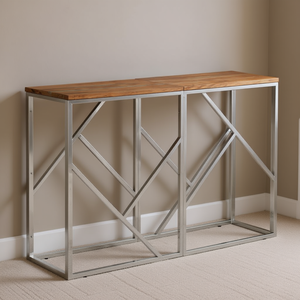 Tavolo Console in Argento con Piano in Legno di Acacia, Design Moderno per Arredamento Soggiorno - Product Image 2