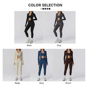 Ensembles d'entraînement 3 pièces personnalisables avec logo pour femmes – Tenue de sport sans manches extensible dans les quatre sens, coupe ajustée, fermeture éclair, taille haute, imprimé/uni - Product Image 6