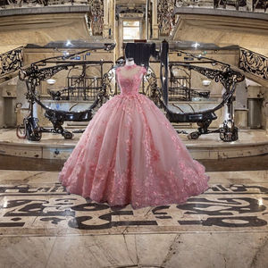 Robes de bal de Quinceañera vintage sans manches rose, épaules dénudées, pailletées, taille naturelle, longueur au sol, en organza pour soirée - Product Image 3