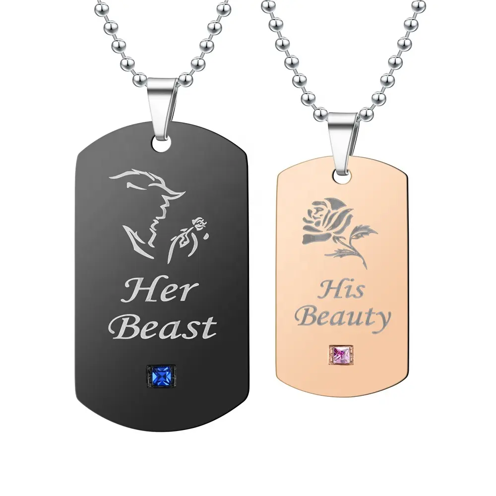 Her Beast & His Beauty Couple Necklaces Black Stainless Steel Pendant Crytal Rose Heart Star Figure Charm Love Necklace