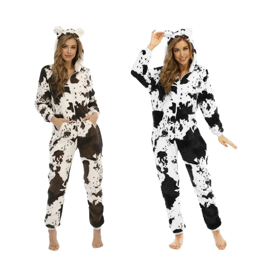 Autumn Winter Double Side Flannel Adults Hoodie Jumpsuits Woman Warm Cowhide Pajamas