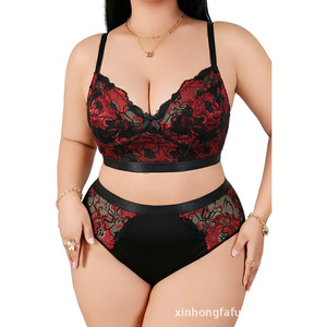 Red and black color-blocked floral <b>lace</b> plus-size lingerie set, featuring a supportive, <b>elastic</b>, breathable, high-waisted - Product Image 2