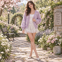 Damen Blumenstickerei-Cardigan V-Ausschnitt Knopfleiste Locker Sitzender Flauschiger Strickpullover mit Ballonärmeln Maßanfertigung OEM ODM