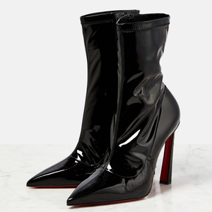 Back Metal Rivets <b>Ankle</b> <b>Booties</b> Sexy Women's Bright Patent Pointed Toe Short Boots High Heels Side Zipper Shoes - Product Image 2
