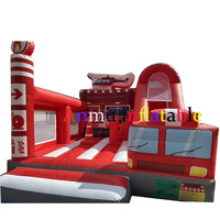Château gonflable sur le thème du camion de pompiers avec toboggan, structure de jeu combinée gonflable en PVC pour usage commercial