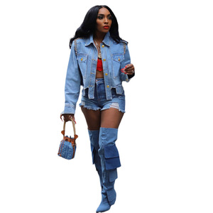 Mujeres Drill Nails Tattered Irregular Shirt Collar Chaqueta <span class=keywords><strong>de</strong></span> mezclilla <span class=keywords><strong>de</strong></span> manga larga - Product Image 4