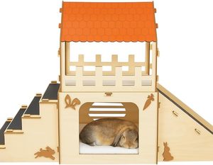 Gran Escondite para Conejos, Acogedor <span class=keywords><strong>Castillo</strong></span> para Conejos con Tapetes de Felpa, Escondite de Madera para Conejos, Casa para Conejos de Interior, Casa para Chinchillas, Casa para Cobayas - Product Image 1