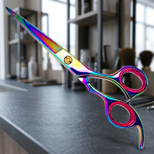 Ciseaux à cheveux professionnels à manche long droit, revêtement couleur arc-en-ciel, pointe de sécurité, style unique, couleur fixe, repose-doigt et embout de sécurité - Product Image 3