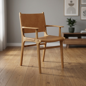 Silla de Comedor Moderna de Madera de Teca Sólida con Cuero Genuino Marrón Natural, Certificación FLEGT, para Apartamento, Hogar, Bar, Almacén - Product Image 3