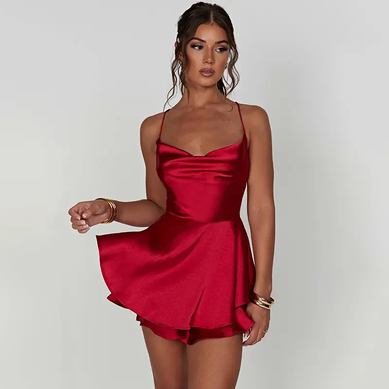 YJ23235 rouge Satin doux robe d'été femmes Chic à bretelles Corset tenues Sexy courtes dames fête Club Mini robe