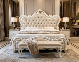 Premium Queen Size White Leather <b>Bed</b> With Gold Leaf Ornate Carved Diamond Tufted Scalloped Headboard For European Rococo Bedroom - Product Image 1