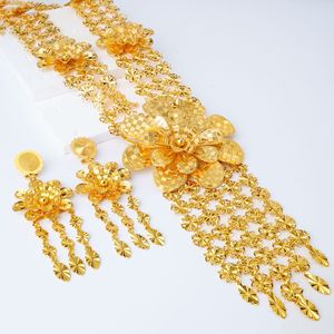 Ensemble de bijoux de mariée africains nigérians en or 24 carats de Dubaï, collier pour femmes saoudiennes, boucles d'oreilles deux pièces - Product Image 4