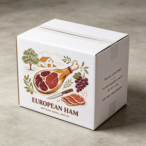 Boîte en carton ondulé <span class=keywords><strong>blanc</strong></span> imprimée offset style gravure sur bois, production 72H, pour l'emballage et l'expédition de <span class=keywords><strong>jambon</strong></span> de jamonier affiné et de produits fumés, carton ciré - Product Image 2