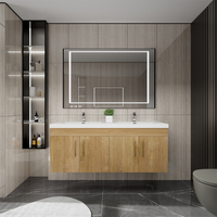 Ensemble de Meubles de Salle de Bain Flottants Modernes Double Vasque Chêne Blanc Meuble-Lavabo Suspendu en Bois Massif