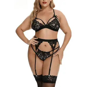 Fashion Wholesale Mature Women Sexy Lingerie Sensual Bralette Set Garter Three Pieces Set Lace Babydoll