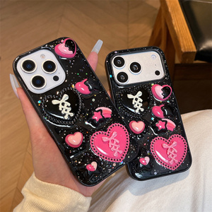 Black Glitter Love Bow DIY Mobile Phone case for <b>iPhone</b> 17 Air 16 15 14 13 Pro Max bling Resin Flower DIY Star 3D back Cover - Product Image 2