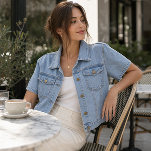 Giacca di Jeans a Maniche Corte Effetto Lavato per Donna, Cappotto Casual con Doppie Tasche, Stile Retrò Streetwear - Product Image 2