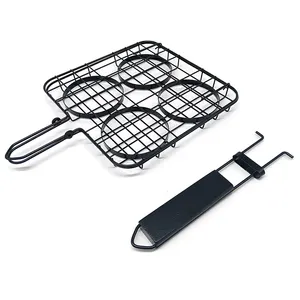 Non-Stick Burger Basket BBQ Hamburger Grilling Basket with Wooden Handle for Outdoor Barbecue Barbeque BBQ Grilling Smoking