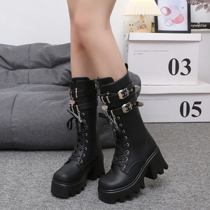 Botas de plataforma negras IStapromo Gifts, de media pantorrilla, con cordones, cremallera lateral, hebilla y cadena, botas de combate para mujer, parte superior de PU, para uso en otoño/primavera - Product Image 5