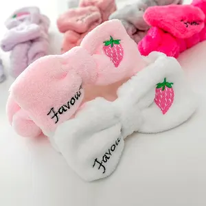 Embroidery Washing Plush Hairbands Custom LOGO Letter Strawberry Bow Face Coral Fleece Headwrap Makeup Turban