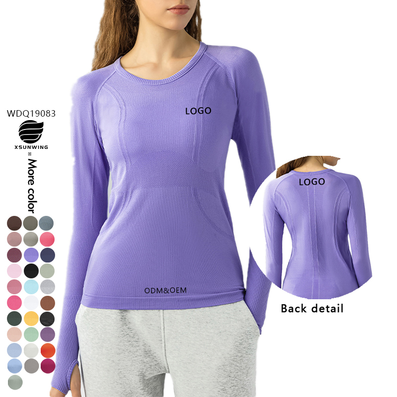 Xsunwing Women's Gym Wear Equestrian Long Sleeve Seamless Yoga Tops Running Athletic Workout Shirt With Thumb Holes WDQ19083