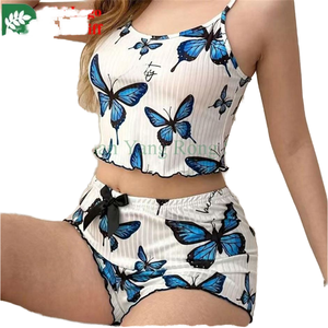 Ensemble de pyjama short à bretelles en satin sexy pour femme, imprimé papillon confortable pour la maison, l'été, l'extérieur, décontracté, motif lettres - Product Image 3