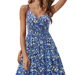 เดรสแม็กซี่ลายดอกไม้คอวีหรูหราของผู้หญิง, เดรสผ้าฝ้ายฤดูร้อนลำลองอัดพลีทแขนยาวบางสายคล้องไหล่กระเป๋าสำหรับงานปาร์ตี้ - Product Image 2