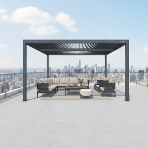 Pergola bioclimatique modulaire en aluminium avec lames orientables pour travaux de rénovation de rues commerciales et utilisation en jardinage - Product Image 1