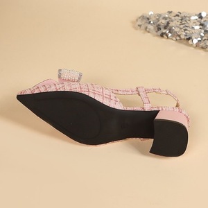 Ladies Plaid Fabric Slingback Heels Sparkly Rhinestone Bow Chunky Heel Party Shoes - Product Image 6