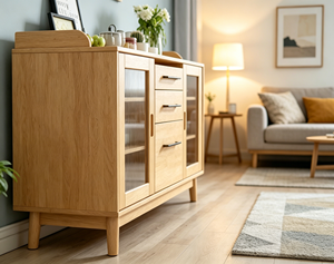 Modern Solid Wood Living Room <b>Cabinet</b> with Glass Doors 3 Drawers 2 Shelves Scandinavian Storage Furniture - Product Image 2