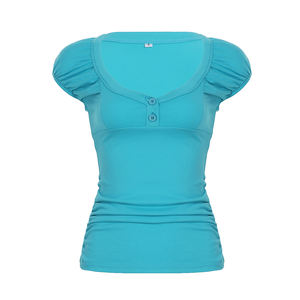 Top Estilo Coqueta con Botones, Manga Abullonada Dulce, Cuello Redondo en una Silueta Ajustada, Tejido de Punto, Impresión Digital Comprimida - Product Image 5