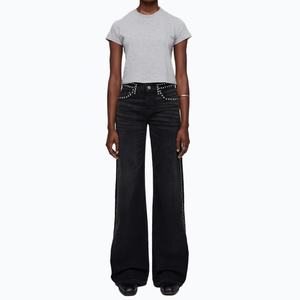 Jeans de mezclilla casuales OEM personalizados para mujer, de corte holgado y pierna ancha, con pedrería, lavado negro - Product Image 2