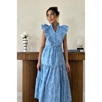 Robe de soirée modeste bleue à volants et boutonnée, translucide, pour femme, de la marque Elisa Fashion, avec logo personnalisé, tailles XS-XL, décontractée, grande taille, pour club, vente en gros