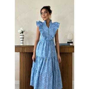 Wholesale <b>Blue</b> Ruffled Buttoned Modest Party <b>Dress</b> Custom Logo XS-XL Sizes Casual Plus-Size Clothing <b>for</b> Club Day Translucent - Product Image 3